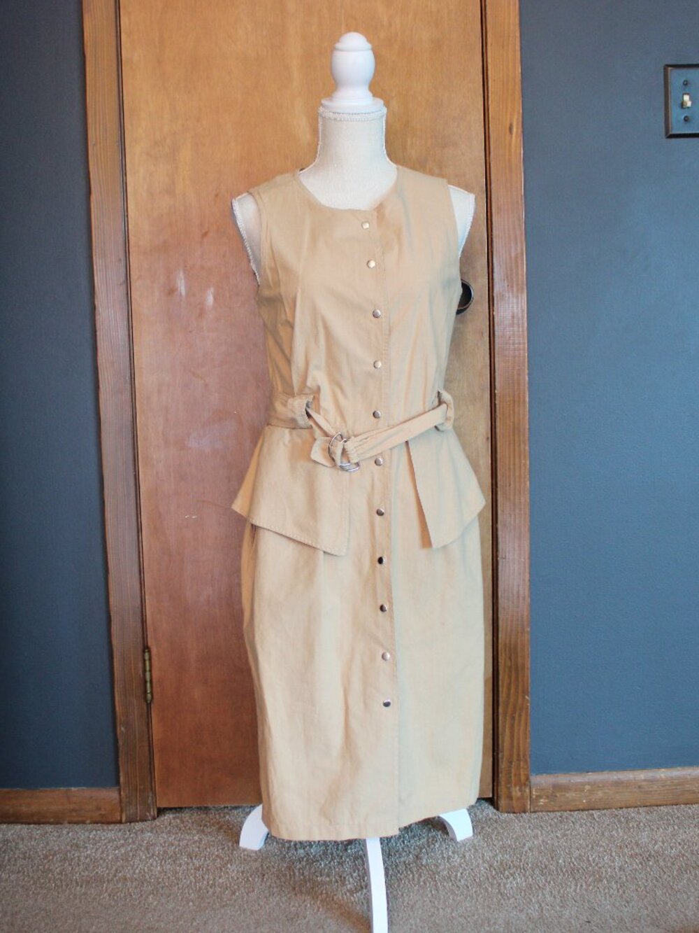 Vintage Tan Belted Midi Dress Button Front Cotton Size 10 Made in Brazil